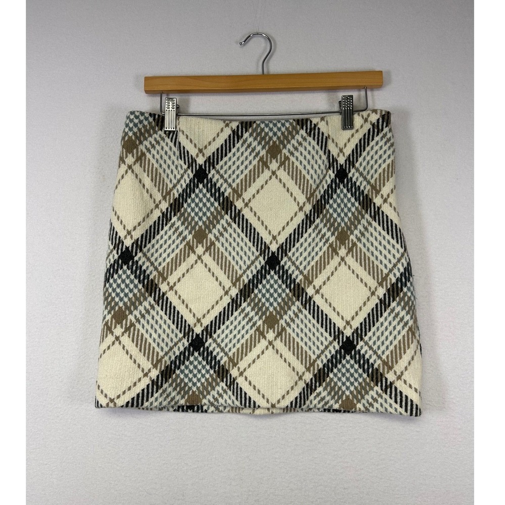 Dark Academia H&M Women 10 Cream Blue Plaid Wool Blend Lined Mini Skirt 08926487